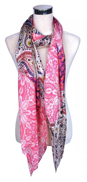Scarf 100% Silk Paj Festive Colorful Paisley Red Pink Beige Blue